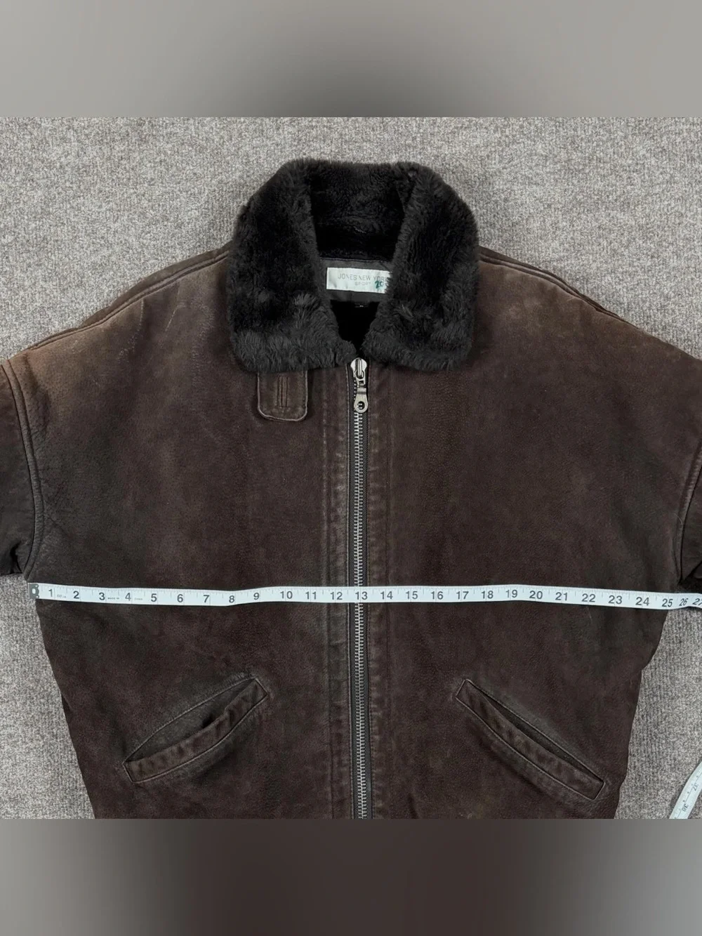 Jones New York Brown Leather Utility Jacket Men’s Small Faux Fur Collar Boxy Fit